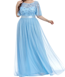Vestido Elegante de Fiesta Largo Curvy Azul Cielo Celeste Cuello Redondo Hojitas Detalles c/Lentejuela Manga Amplia T Ch a Talla Extra