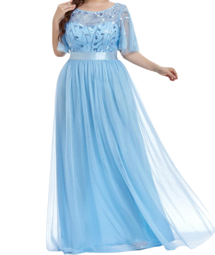 Vestido Elegante de Fiesta Largo Curvy Azul Cielo Celeste Cuello Redondo Hojitas Detalles c/Lentejuela Manga Amplia T Ch a Talla Extra