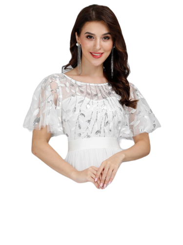 Vestido Elegante de Fiesta Largo Curvy Blanco Novia o Civil Cuello Redondo Hojitas Detalles c/Lentejuela Manga Amplia T Ch a Talla Extra