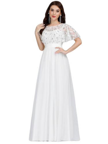Vestido Elegante de Fiesta Largo Curvy Blanco Novia o Civil Cuello Redondo Hojitas Detalles c/Lentejuela Manga Amplia T Ch a Talla Extra