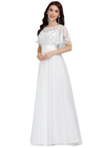 Vestido Elegante de Fiesta Largo Curvy Blanco Novia o Civil Cuello Redondo Hojitas Detalles c/Lentejuela Manga Amplia T Ch a Talla Extra