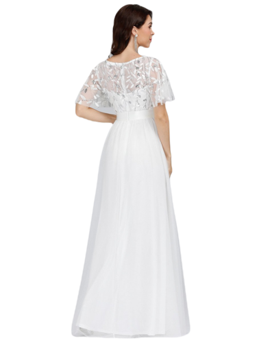 Vestido Elegante de Fiesta Largo Curvy Blanco Novia o Civil Cuello Redondo Hojitas Detalles c/Lentejuela Manga Amplia T Ch a Talla Extra