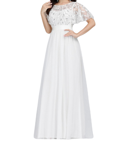 Vestido Elegante de Fiesta Largo Curvy Blanco Novia o Civil Cuello Redondo Hojitas Detalles c/Lentejuela Manga Amplia T Ch a Talla Extra