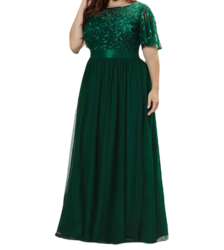 Vestido Elegante de Fiesta Largo Curvy Verde Esmeralda Cuello Redondo Hojitas Detalles c/Lentejuela Manga Amplia T Ch a Talla Extra