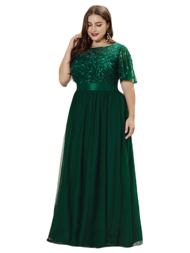 Vestido Elegante de Fiesta Largo Curvy Verde Esmeralda Cuello Redondo Hojitas Detalles c/Lentejuela Manga Amplia T Ch a Talla Extra