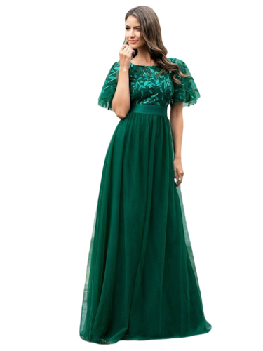 Vestido Elegante de Fiesta Largo Curvy Verde Esmeralda Cuello Redondo Hojitas Detalles c/Lentejuela Manga Amplia T Ch a Talla Extra