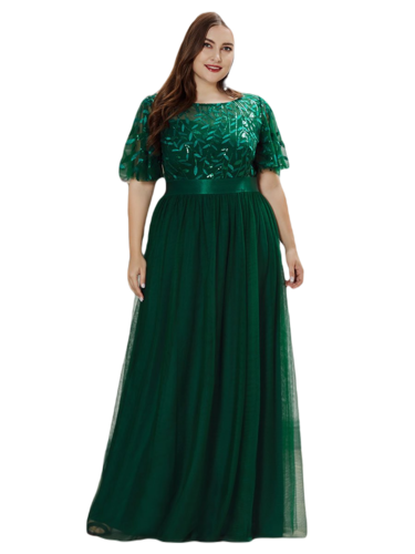 Vestido Elegante de Fiesta Largo Curvy Verde Esmeralda Cuello Redondo Hojitas Detalles c/Lentejuela Manga Amplia T Ch a Talla Extra