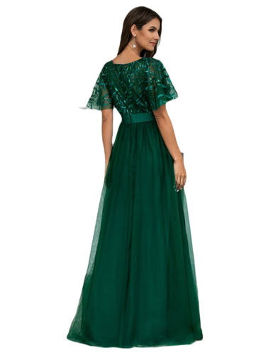 Vestido Elegante de Fiesta Largo Curvy Verde Esmeralda Cuello Redondo Hojitas Detalles c/Lentejuela Manga Amplia T Ch a Talla Extra