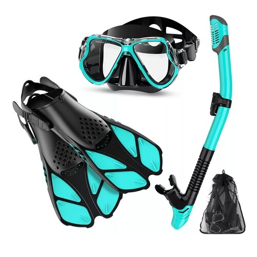 Juego De Snorkel Con Máscara,buceo Esnórquel,aletas,bolsas Verde L