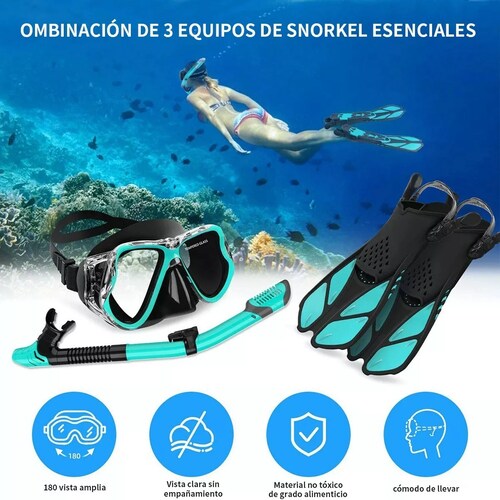 Juego De Snorkel Con Máscara,buceo Esnórquel,aletas,bolsas Verde L