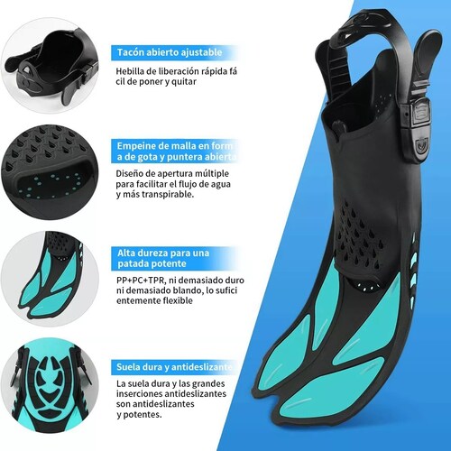 Juego De Snorkel Con Máscara,buceo Esnórquel,aletas,bolsas Verde L