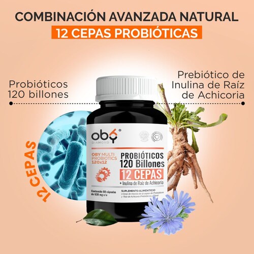 OBY MULTI Probiotics | Probioticos 120 Billones de 12 Cepas + Prebioticos - Incluye Inulina Raiz de Achicoria | 60 cápsulas - Probioticos Mujer y Hombre