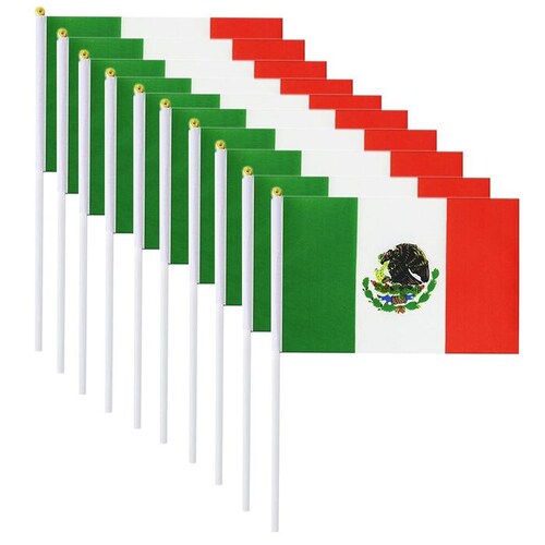 Banderitas de México Pequeña MXMCX-002-1 10 Pzas 14x21cm Tela Poliéster Asta Plástico Tricolor, MXminiFlag
