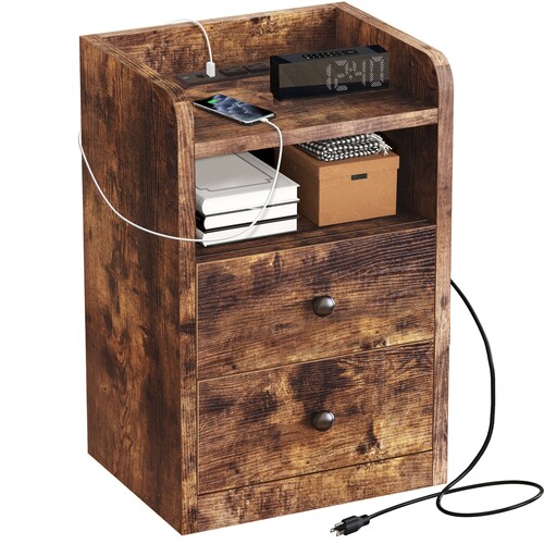 Buro Mesa De Noche Fabato De Madera Rustico Y Estación De Carga Usb Fa2121-brn