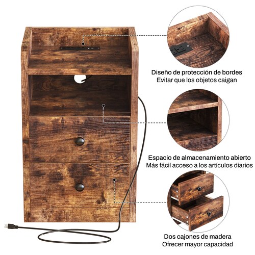 Buro Mesa De Noche Fabato De Madera Rustico Y Estación De Carga Usb Fa2121-brn