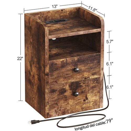 Buro Mesa De Noche Fabato De Madera Rustico Y Estación De Carga Usb Fa2121-brn