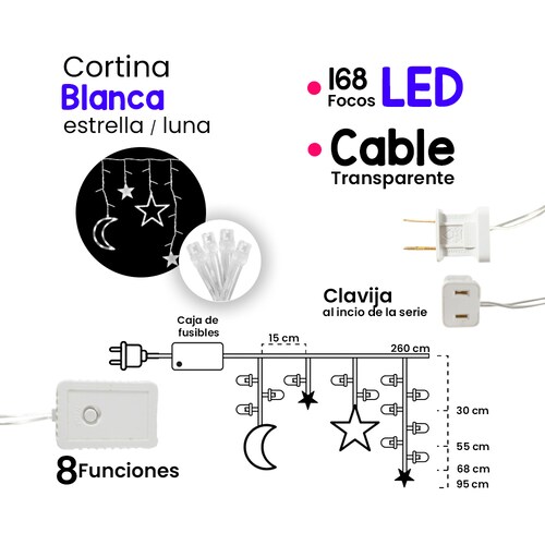 Cortina De Luces Led Blanca Luces Lunas Y Estrellas 2.6 Mts