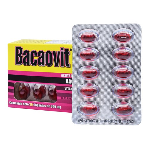 BACAOVIT 800 mg: Cápsulas de Aceite de Hígado de Bacalao - Caja con 30 Cápsulas - Contenido de Vitamina D y Omega-3