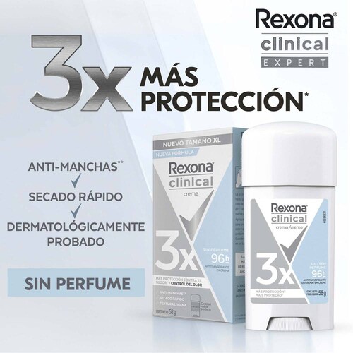 Rexona Clinical Desodorante Antitranspirante en Crema, Unisex, Sin Perfume, Piel Sensible, 3 Piezas