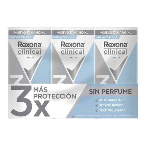 Rexona Clinical Desodorante Antitranspirante en Crema, Unisex, Sin Perfume, Piel Sensible, 3 Piezas