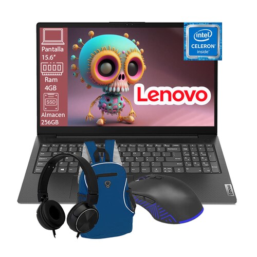 Laptop Lenovo V15 Gen 2 Intel Inside N4500 Ram 4GB Disco SSD 256GB Pantalla 15.6'' - Negro + Diadema + Mochila + Mouse