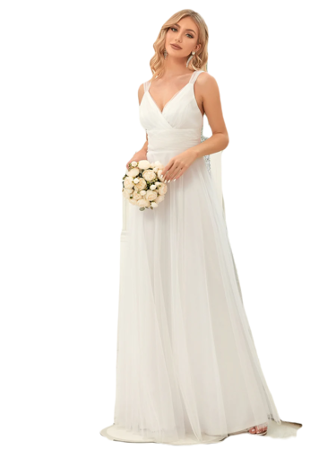 Vestido Elegante de Fiesta Largo Blanco Novia Curvy Damas Honor o Civil con Tul Tallas Ch a Talla Extra