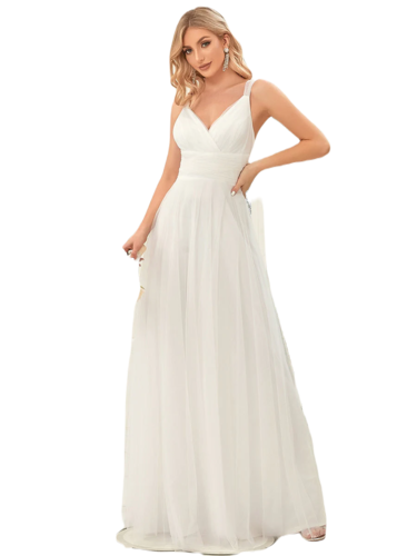 Vestido Elegante de Fiesta Largo Blanco Novia Curvy Damas Honor o Civil con Tul Tallas Ch a Talla Extra