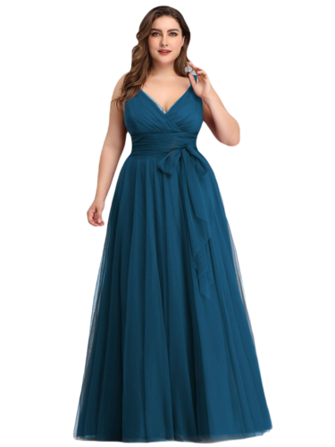 Vestido Elegante de Fiesta Largo Azul Petróleo Curvy Damas Honor o Invitada con Tul Tallas Ch a Talla Extra