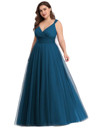 Vestido Elegante de Fiesta Largo Azul Petróleo Curvy Damas Honor o Invitada con Tul Tallas Ch a Talla Extra