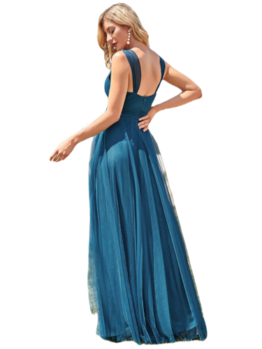 Vestido Elegante de Fiesta Largo Azul Petróleo Curvy Damas Honor o Invitada con Tul Tallas Ch a Talla Extra