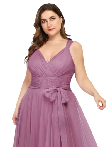 Vestido Elegante de Fiesta Largo Mauve Lila Curvy Damas Honor o Invitada con Tul Tallas Ch a Talla Extra