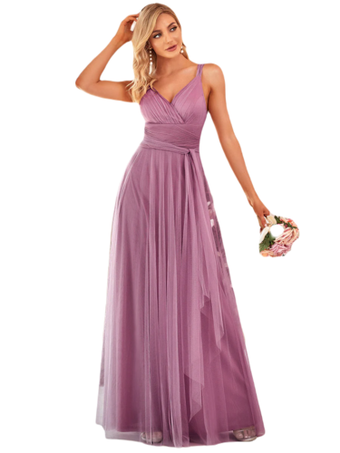 Vestido Elegante de Fiesta Largo Mauve Lila Curvy Damas Honor o Invitada con Tul Tallas Ch a Talla Extra