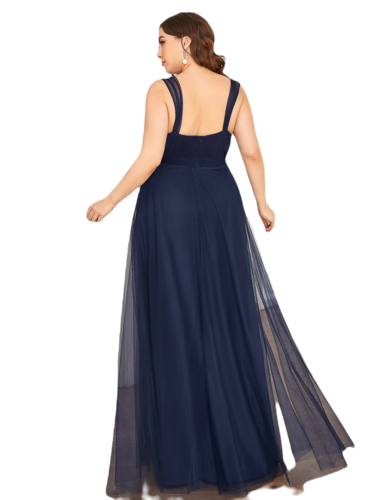 Vestido Elegante de Fiesta Largo Azul Marino Curvy Damas Honor o Invitada con Tul Tallas Ch a Talla Extra