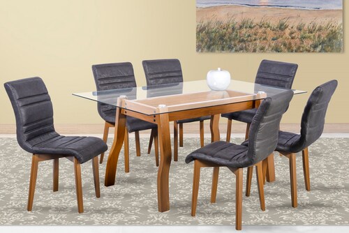 Comedor Parma Negro 6 Sillas Rectangular Madera y Cristal.