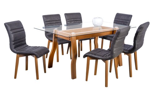 Comedor Parma Negro 6 Sillas Rectangular Madera y Cristal.