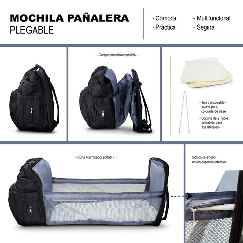 Mochila Pañalera cambiador Multifuncional en color Negro