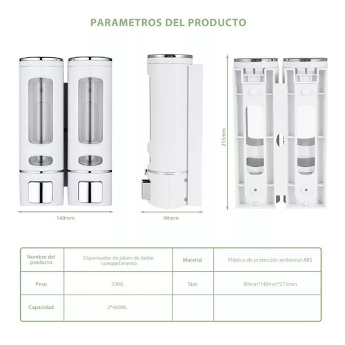 Set Dispensador Gel Jabón Líquido Rellenable 800ml Blanco