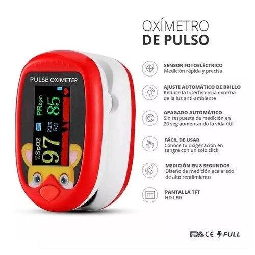 Oxímetro para bebes MXOXK-001-25 1Pza Rojo Rango de Medición 70porciento -99porciento Spo2 30 240BPM mas menos 2BPM o mas menos 2porciento PR, OxiKid
