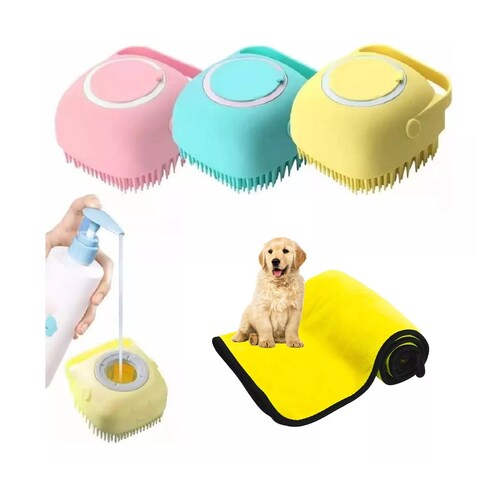 Juego Cepillo Para Baño Perro Mascotas 3pcs Y Toalla Fibra