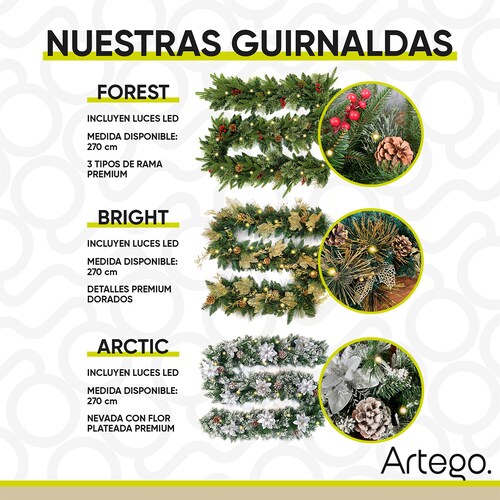Guirnalda de Navidad con luces FOREST guía decorativa iluminada navideña decorada Christmas wreath 2.7m
