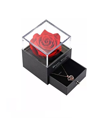 Rosa Eterna Real Preservada + Collar Te Amo En 100 Idiomas Estuche Negro