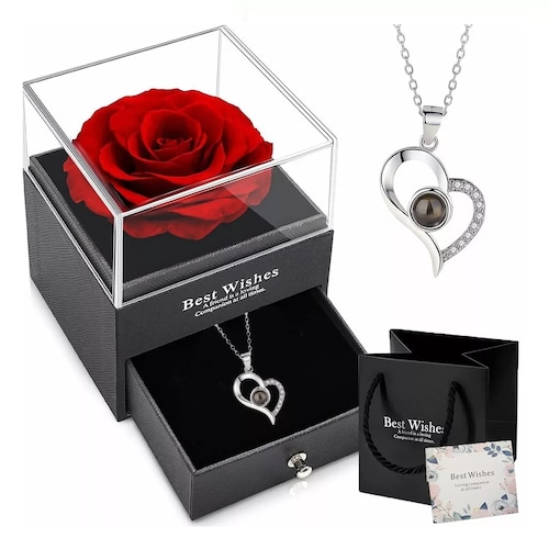 Rosa Eterna Real Preservada + Collar Te Amo En 100 Idiomas Estuche Negro