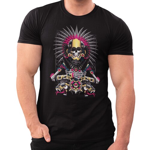 Playera Caballero y Dama Calavera Prehispánica con Serpientes Cráneo Skull