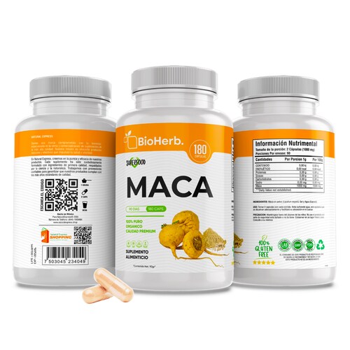 Maca Organica 100% Pura (180 Capsulas 500mg) |Para 90 Dias | NATURAL | Organica | - Yellow Maca - BioHerb.