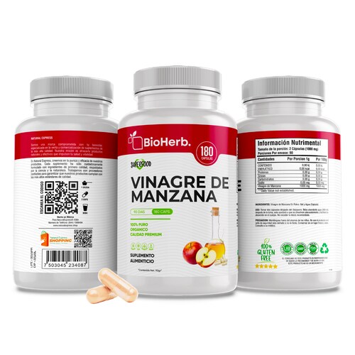 Vinagre de Manzana 100% Puro (180 Capsulas 500mg) |ORGANICO | NATURAL |  Para 90 Dias | - Organic Apple Cider - BioHerb.