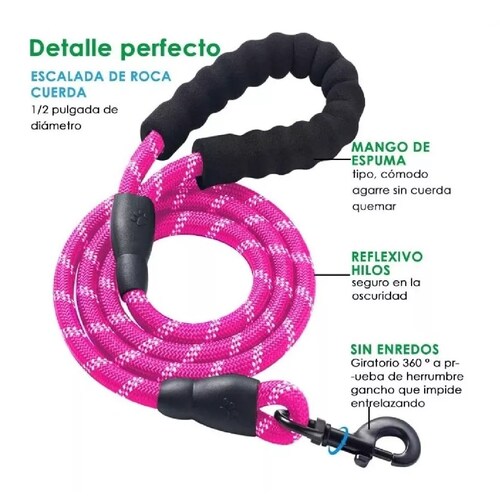Correa Para Perro Grande Resistente Fuerte Reflejante Rosa