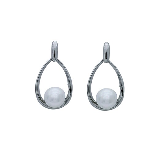Aretes en rodio silueta gota con perla cristal.