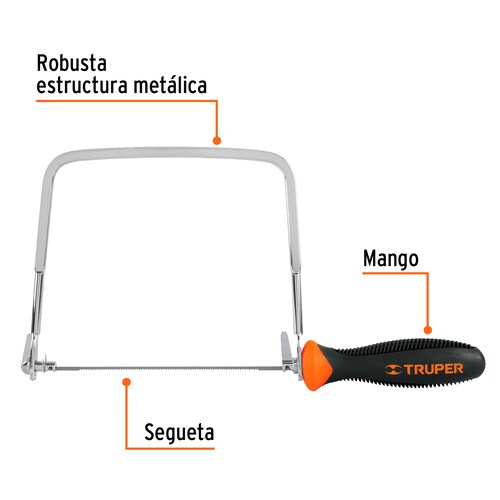 Arco calador 6" con 5 seguetas de 6 1/2" (17 cm), para metal, madera y pvc.