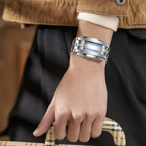 Reloj Led Binario Modelo E-men Moda Estilo Robot Gris 