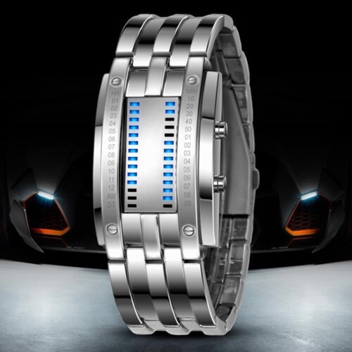 Reloj Led Binario Modelo E-men Moda Estilo Robot Gris 